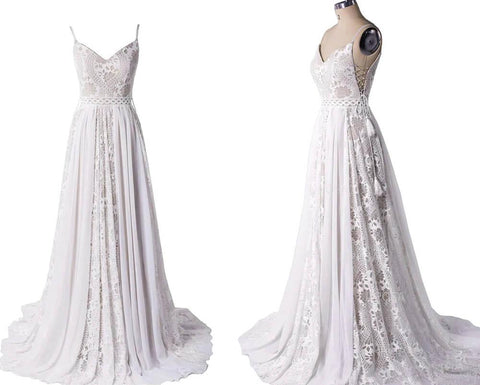 NumberSea Bohemian A-Linie V-Ausschnitt Spitze Brautkleider, Strand Brautkleider, MW801
