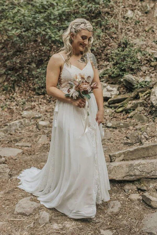 Robe de mariée Bohemian NumberSea en ligne A avec encolure en V et dentelle, robes de mariée de plage, MW801