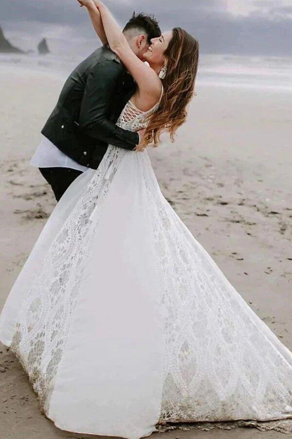 NumberSea Bohemian A-line V-neck Lace Wedding Dresses, Beach Wedding Gowns, MW801