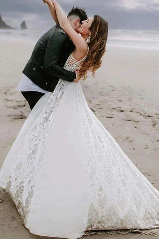 NumberSea Bohemian A-Linie V-Ausschnitt Spitze Brautkleider, Strand Brautkleider, MW801