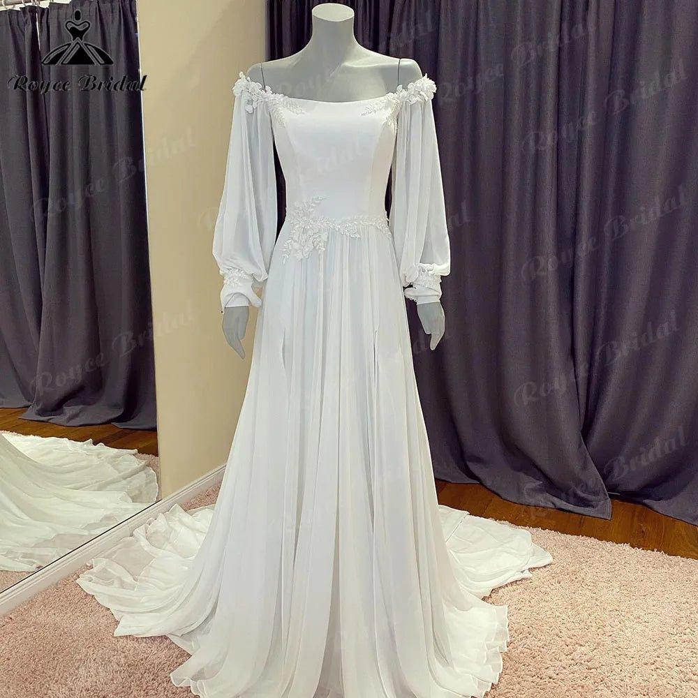 NumberSea Bohemian Boat Neck Puff Long Sleeve Chiffon Beach Lace Wedding Dress for Women 2024 Boho Off Shoulder Bridal Gown robe de mariée