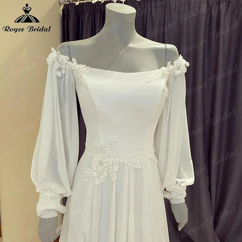 NumberSea Robe de mariée de plage bohémienne en mousseline et dentelle avec col bateau et manches longues bouffantes pour femmes 2024, robe de mariée à épaule tombante robe de mariée