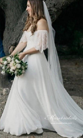 NumberSea Bohemian Chiffon Spitze Off-the-Shoulder A-Linie Strand Brautkleider, MW647