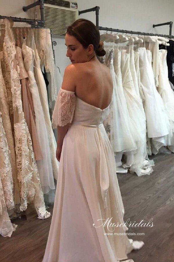 NumberSea Vestidos de noiva estilo praiano boémios em chiffon com renda e ombro à mostra, MW647