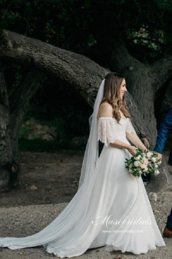 NumberSea Vestidos de noiva estilo praiano boémios em chiffon com renda e ombro à mostra, MW647