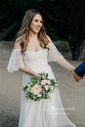 Vestido de novia playero de línea A con hombros descubiertos y encaje de gasa bohemio NumberSea, MW647
