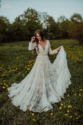 Vestido de novia NumberSea estilo bohemio con encaje, corte princesa, escote en V y mangas largas, MW608