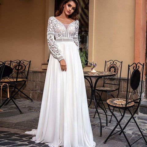 NumberSea Vestidos de noiva boémios de renda, manga comprida, chiffon, cauda comprida, decote redondo, vintage, pérolas, vestido de noiva praia