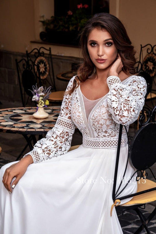 NumberSea Robes de mariée bohémiennes en dentelle manches longues mousseline traîne balayée vintage col bateau robes à perles robe de plage