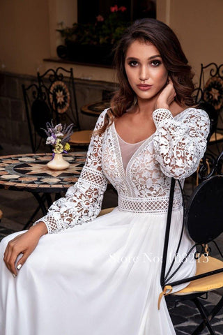NumberSea Vestidos de noiva boémios de renda, manga comprida, chiffon, cauda comprida, decote redondo, vintage, pérolas, vestido de noiva praia