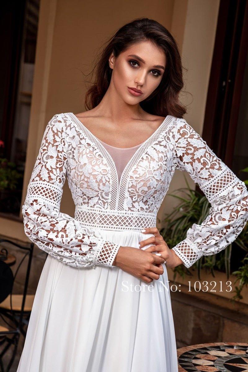 NumberSea Bohemian Lace Long Sleeve Wedding Dresses Chiffon Sweep Train Vintage Scoop Neck Bridal Gowns Pearls Beach Bridal Gown