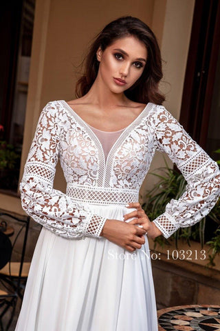 NumberSea Vestidos de noiva boémios de renda, manga comprida, chiffon, cauda comprida, decote redondo, vintage, pérolas, vestido de noiva praia