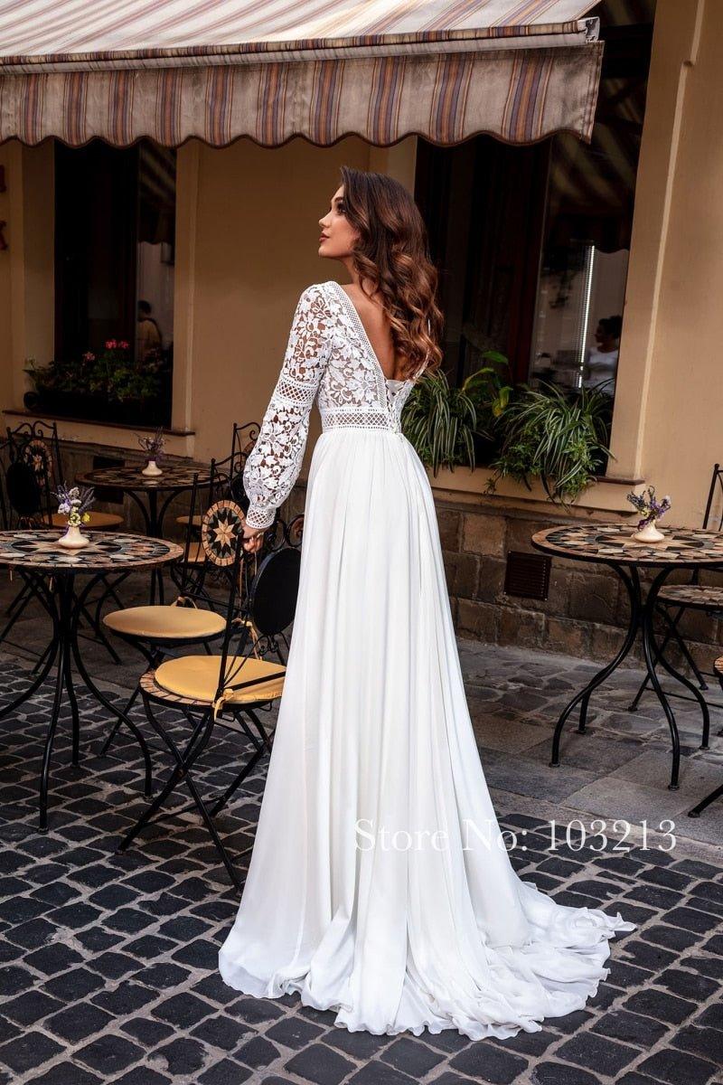 NumberSea Bohemian Lace Long Sleeve Wedding Dresses Chiffon Sweep Train Vintage Scoop Neck Bridal Gowns Pearls Beach Bridal Gown