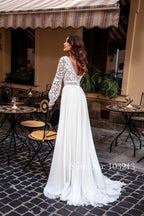NumberSea Bohemian Lace Long Sleeve Wedding Dresses Chiffon Sweep Train Vintage Scoop Neck Bridal Gowns Pearls Beach Bridal Gown