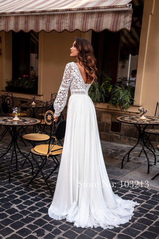 NumberSea Vestidos de noiva boémios de renda, manga comprida, chiffon, cauda comprida, decote redondo, vintage, pérolas, vestido de noiva praia