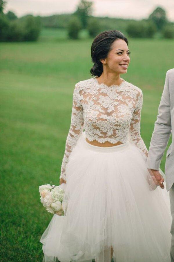 Vestido de noiva de renda boémia NumberSea, duas peças, manga comprida, comprimento alto e baixo, MW571