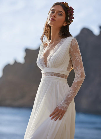 Vestido de noiva Boémio NumberSea 2021, manga comprida, decote em V, comprimento até ao chão, chiffon, corte A, renda nas costas, cintado, charmoso para mulher