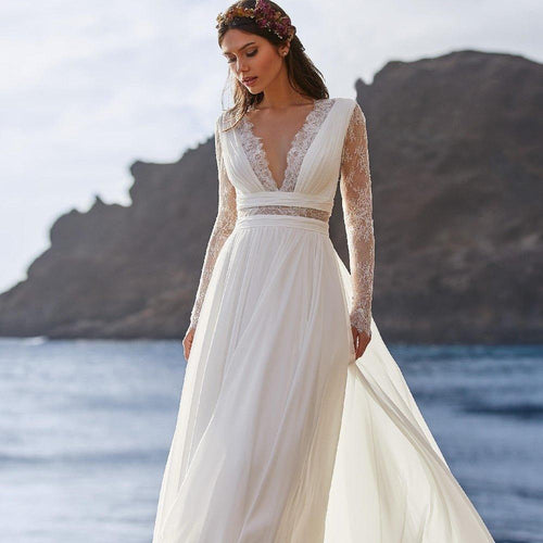 Robe de mariée bohème NumberSea 2021 à manches longues, encolure en V, longueur sol, ligne A en mousseline de soie, dos en dentelle, avec ceinture, élégante pour femmes