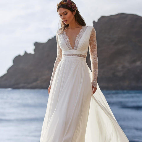 Vestido de noiva Boémio NumberSea 2021, manga comprida, decote em V, comprimento até ao chão, chiffon, corte A, renda nas costas, cintado, charmoso para mulher