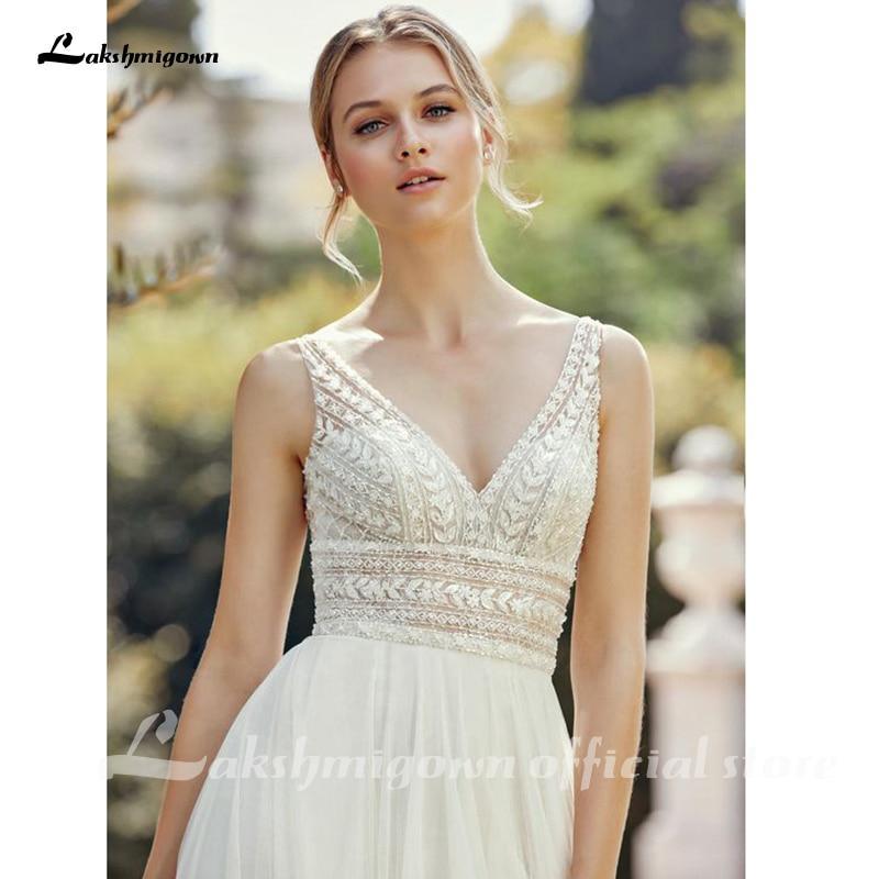 NumberSea Bohemian Wedding Dresses 2021 V Neck Sexy Sleeveless Lace Applique Backless A Line Wedding Gown Soft Tulle Bridal Dress