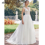 NumberSea Bohemian Wedding Dresses 2021 V Neck Sexy Sleeveless Lace Applique Backless A Line Wedding Gown Soft Tulle Bridal Dress