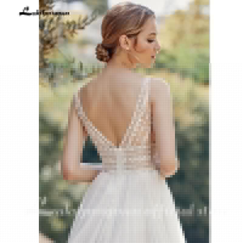 NumberSea Bohemian Wedding Dresses 2021 V Neck Sexy Sleeveless Lace Applique Backless A Line Wedding Gown Soft Tulle Bridal Dress