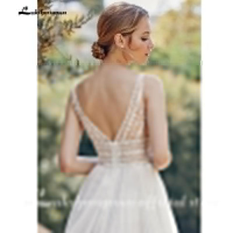NumberSea Bohemian Brautkleider 2021 V-Ausschnitt Sexy Ärmellose Spitze Applique Rückenfreies A-Linie Brautkleid Weiches Tüll Brautkleid