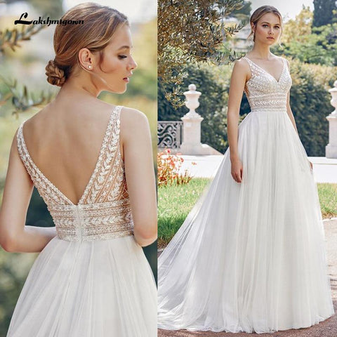 NumberSea Bohemian Brautkleider 2021 V-Ausschnitt Sexy Ärmellose Spitze Applique Rückenfreies A-Linie Brautkleid Weiches Tüll Brautkleid
