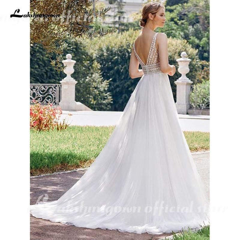 NumberSea Bohemian Brautkleider 2021 V-Ausschnitt Sexy Ärmellose Spitze Applique Rückenfreies A-Linie Brautkleid Weiches Tüll Brautkleid
