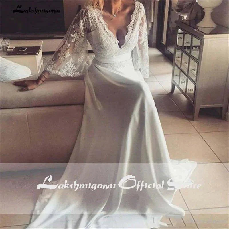NumberSea Bohemian Wedding Dresses Illusion Lace Bridal Gown Backless Long Sleeve Deep V Neck Boho Chiffon Plus Size Beach Bridal Dress