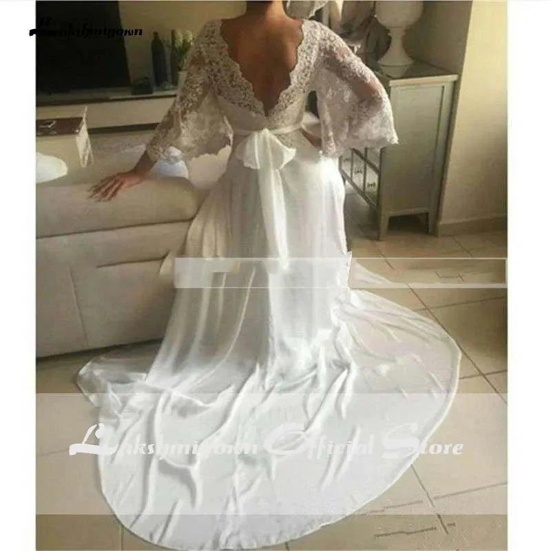 NumberSea Bohemian Wedding Dresses Illusion Lace Bridal Gown Backless Long Sleeve Deep V Neck Boho Chiffon Plus Size Beach Bridal Dress