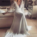 Robe de mariée bohème NumberSea en dentelle illusion, dos nu, manches longues, encolure en V profond, en mousseline boho, taille grande, pour mariage sur la plage