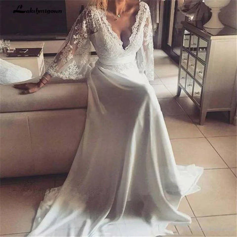 Vestidos de noiva boémios NumberSea, vestido de noiva com renda Illusion, costas nuas, manga comprida, decote em V profundo, estilo Boho, chiffon, tamanho grande, vestido de noiva praia 