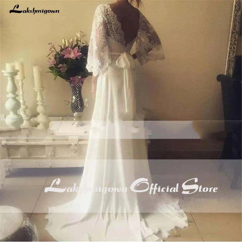 NumberSea Bohemian Wedding Dresses Illusion Lace Bridal Gown Backless Long Sleeve Deep V Neck Boho Chiffon Plus Size Beach Bridal Dress