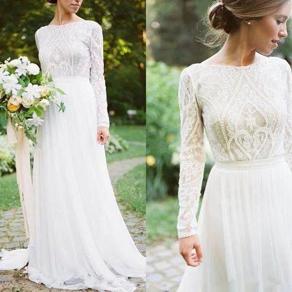 NumberSea Bohemian Wedding Dresses With Long Sleeves Bateau Lace Top Chiffon Boho Bridal Gown vestido de noiva robe de mariee