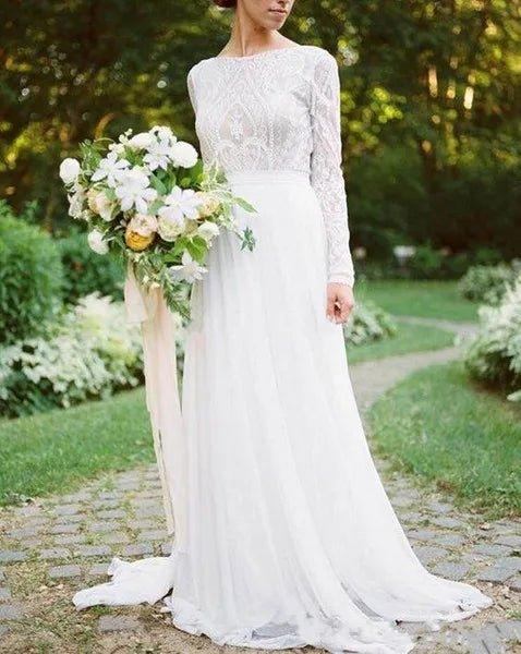 NumberSea Robes de mariée bohémiennes à manches longues avec haut en dentelle Bateau et jupe en mousseline de soie, robe de mariée boho vestido de noiva robe de mariee