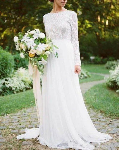 Vestidos de noiva NumberSea boémios com mangas compridas, top de renda estilo bateau, chiffon, estilo boho, vestido de noiva, robe de mariee 