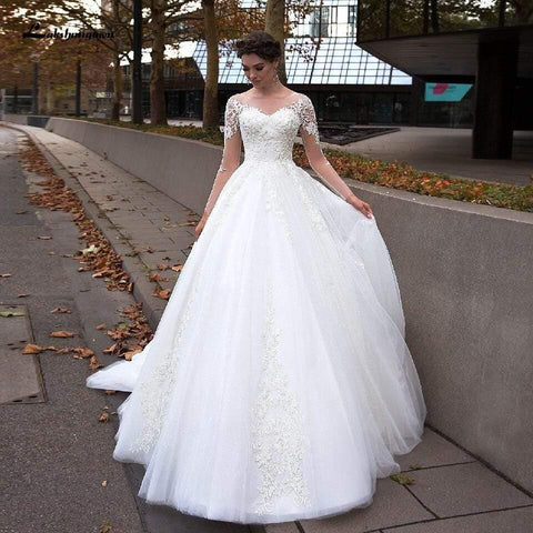 NumberSea Bohemian Weiß Tüll Brautkleid Langarm