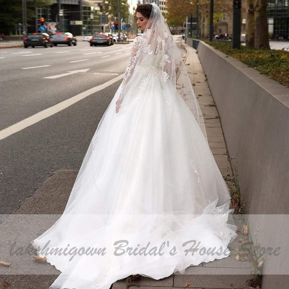 NumberSea Bohemian White Tulle Wedding Dress Long Sleeve