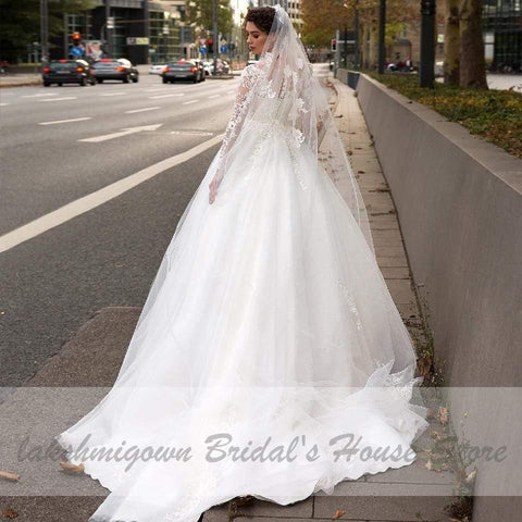 NumberSea Bohemian Weiß Tüll Brautkleid Langarm