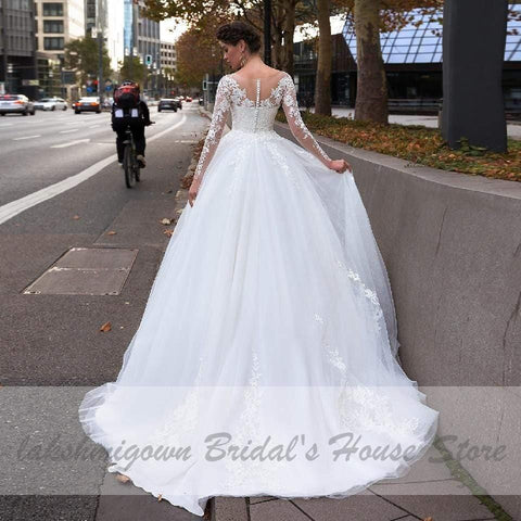 NumberSea Bohemian Weiß Tüll Brautkleid Langarm