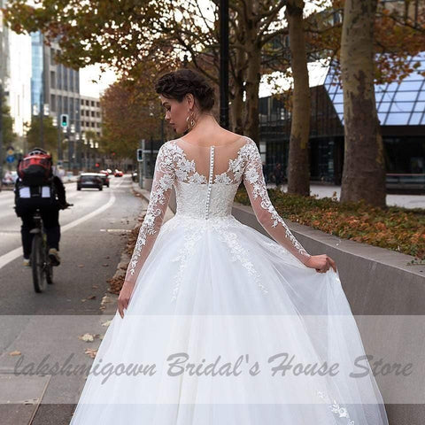NumberSea Bohemian Weiß Tüll Brautkleid Langarm