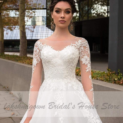 NumberSea Bohemian Weiß Tüll Brautkleid Langarm
