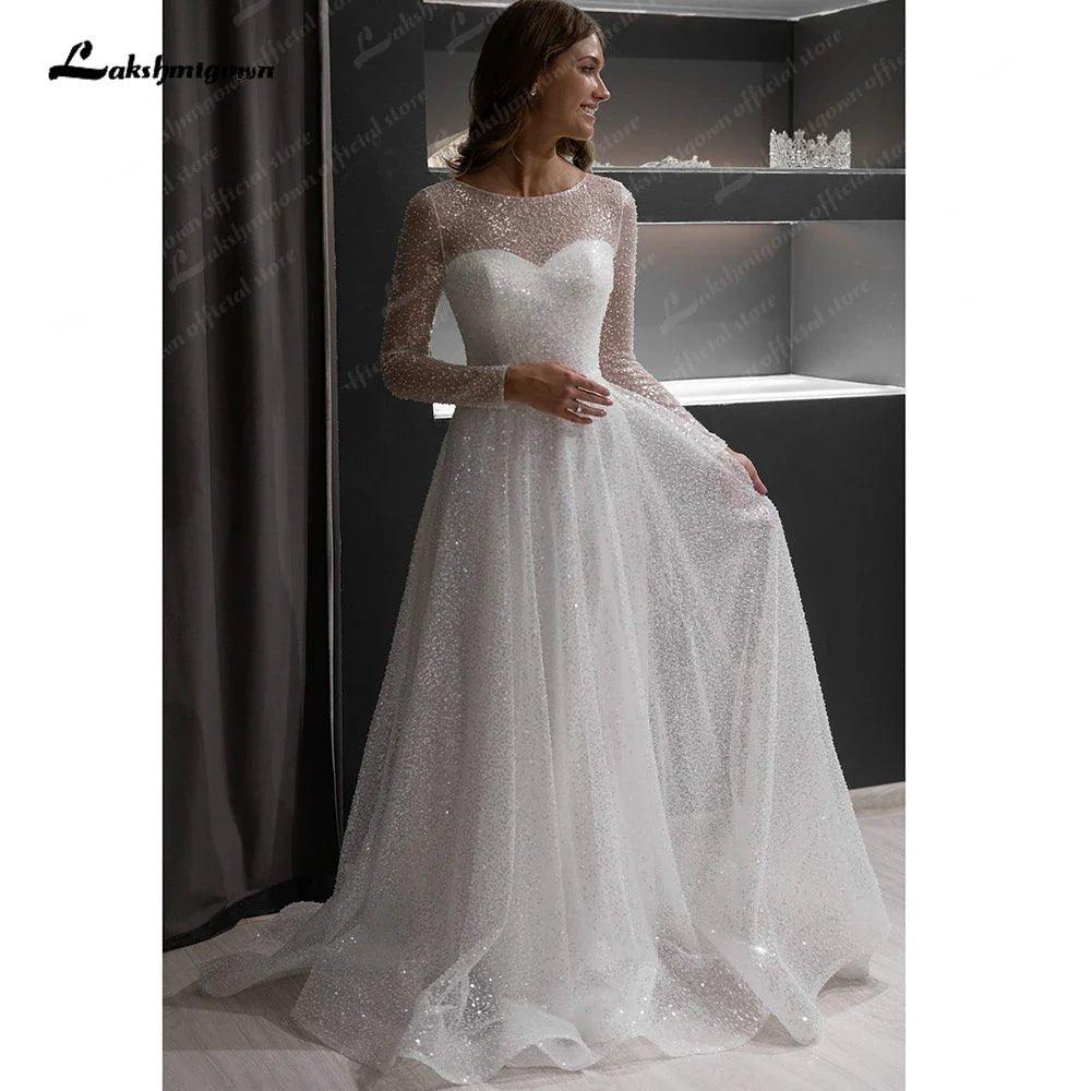 NumberSea Boho A-line Beach Wedding Dress See Through Sleeves Sweep Train Bridal Dress Custom Made Bridal Gowns