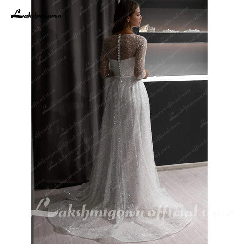 NumberSea Robe de mariée de plage boho en ligne A avec manches transparentes et traîne balayeuse, robes de mariée sur mesure