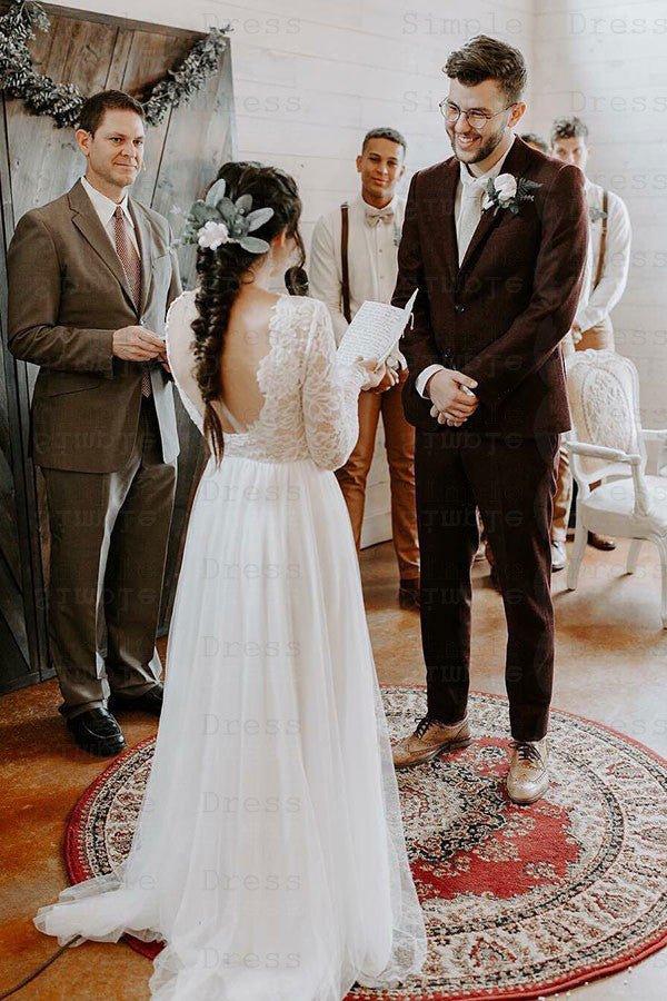 NumberSea Boho A-Line Round Neck Long Sleeves Backless Wedding Dress with Lace,MW431