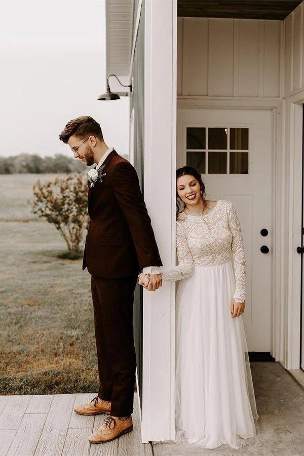 NumberSea Boho A-Line Round Neck Long Sleeves Backless Wedding Dress with Lace,MW431
