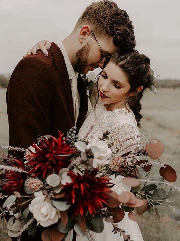 Vestido de noiva estilo boho, corte A, decote redondo, mangas compridas, costas nuas, com renda, NumberSea MW431