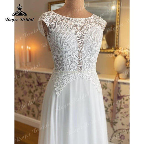 Vestito da Sposa Boho A Line Scollato a Cuccetta con Manica a Cappuccino Corpetto in Pizzo Chiffon da Spiaggia Abito Nuziale Fatto su Misura