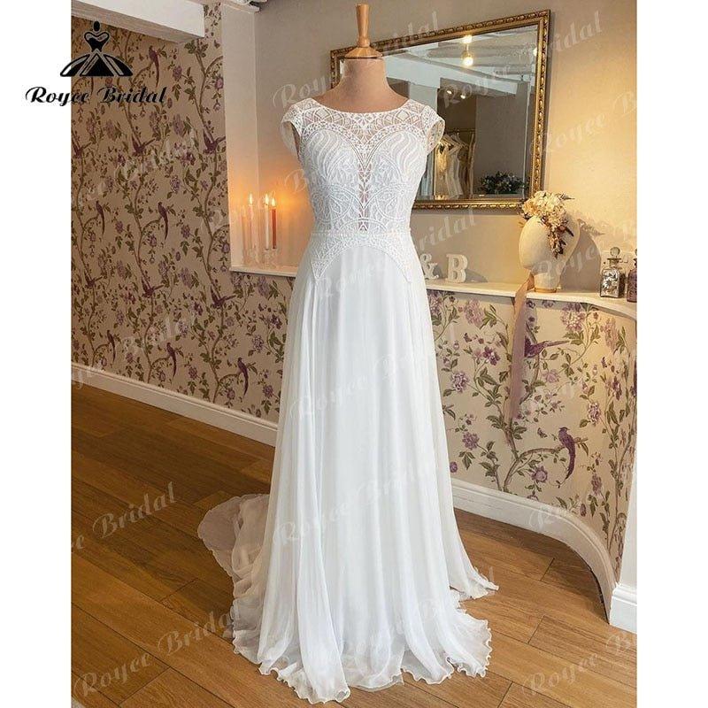NumberSea Boho A Line Scoop Neck Wedding Dress Cap Sleeve Lace Bodice Chiffon Beach Bridal Gown Custom Made vestido de noiva manga curta